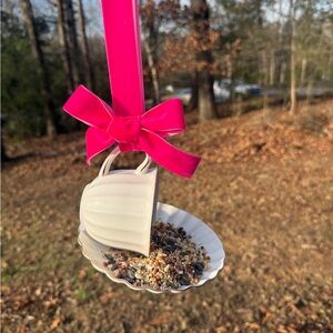 Teacup Bird Feeder with Pink Ribbon